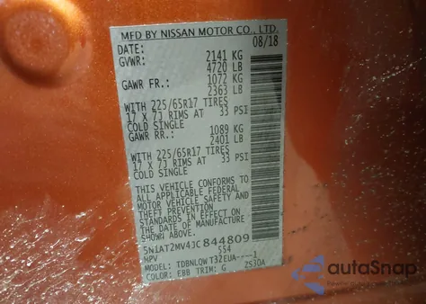 2018 Nissan Rogue Sv from USA, damaged, VIN 5N1AT2MV4JC844809